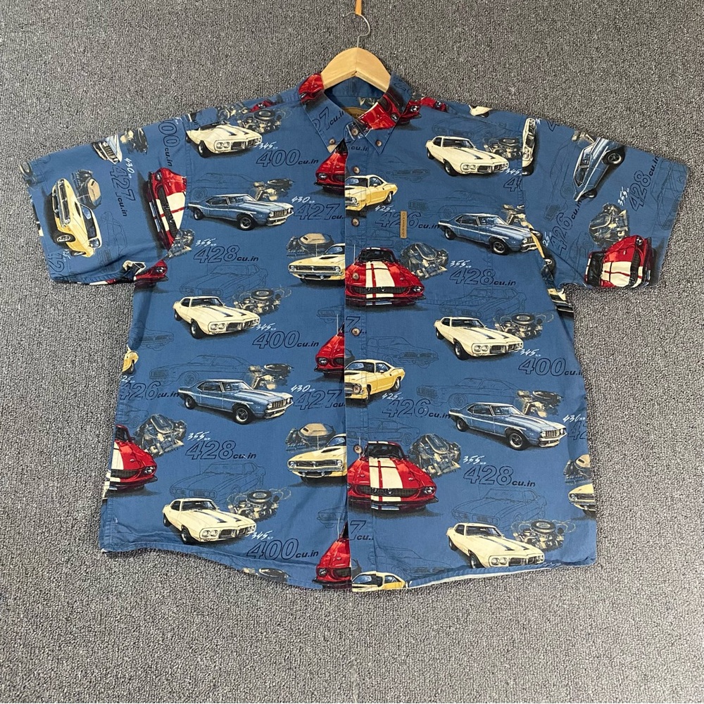 Vintage Clearwater Outfitters Muscle Cars Print Button-Down Shirt Blue Men's XL
